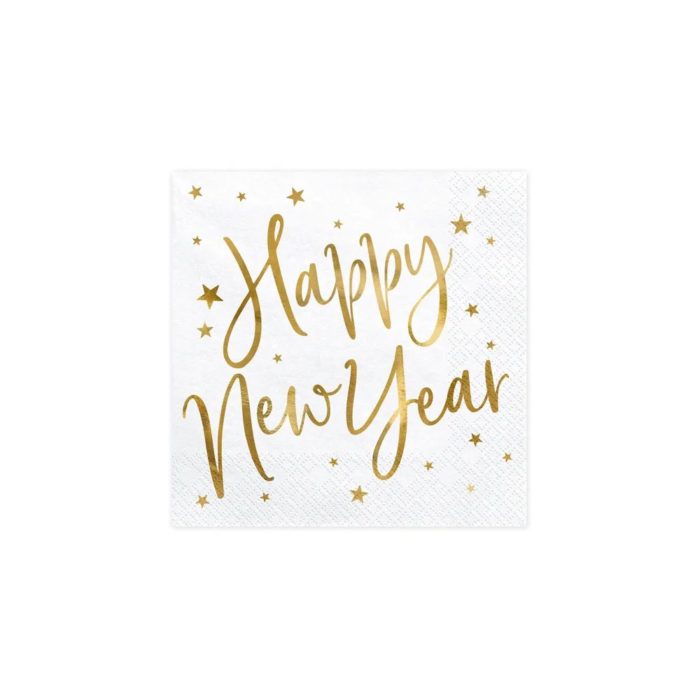 PartyDeco - Serviettes de table Happy New Year, Blanches, 33x33cm