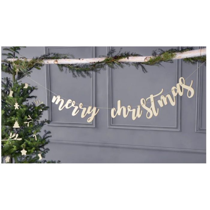 PartyDeco - Bannière Merry Christmas en bois, 87x17cm