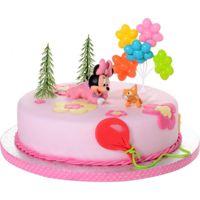 Décoration Topper gâteau - Bébé Minnie et chaton avec ballons et arbres