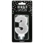 PartyDeco -  Bougie Anniversaire Chiffre 3 - Argenté
