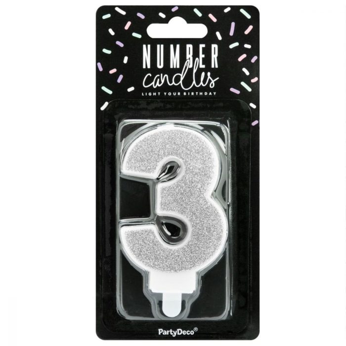 PartyDeco -  Bougie Anniversaire Chiffre 3 - Argenté