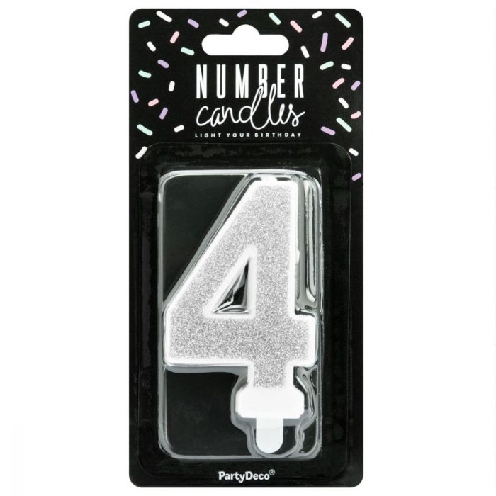 PartyDeco -  Bougie Anniversaire Chiffre 4 - Argenté