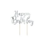PartyDeco - Décorations de gâteau  - Happy Birthday Argenté- 22.5cm - 1pcs