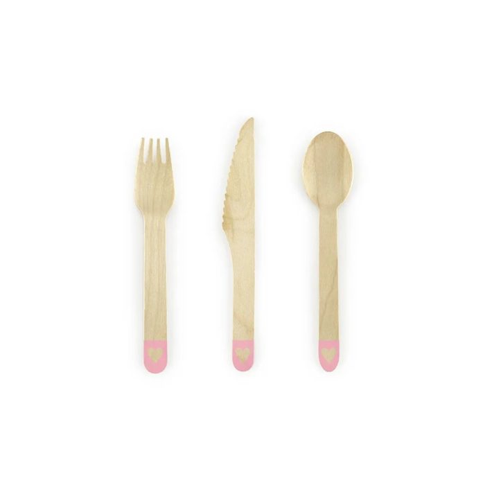 PartyDeco -  Couverts en bois Cœurs, rose vif 16cm 18pcs