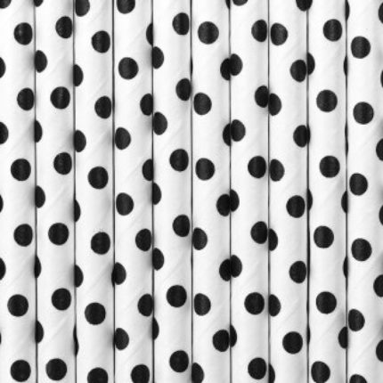 PartyDeco -  Pailles en papier blanc pois noir 10pcs