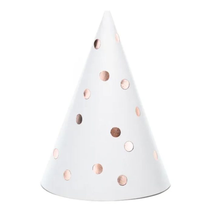 PartyDeco - Chapeaux de fête, blanc avec pois  or rose 6pcs