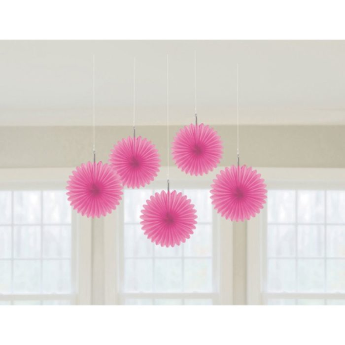 5 Eventails en papier Rose a suspendre 15.2 cm