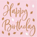 16 Serviettes Rose doré Anniversaire Joyeux anniversaire 33 x 33 cm
